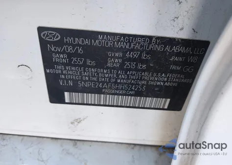 2017 Hyundai Sonata Se из США, поврежденный, VIN 5NPE24AF5HH524253